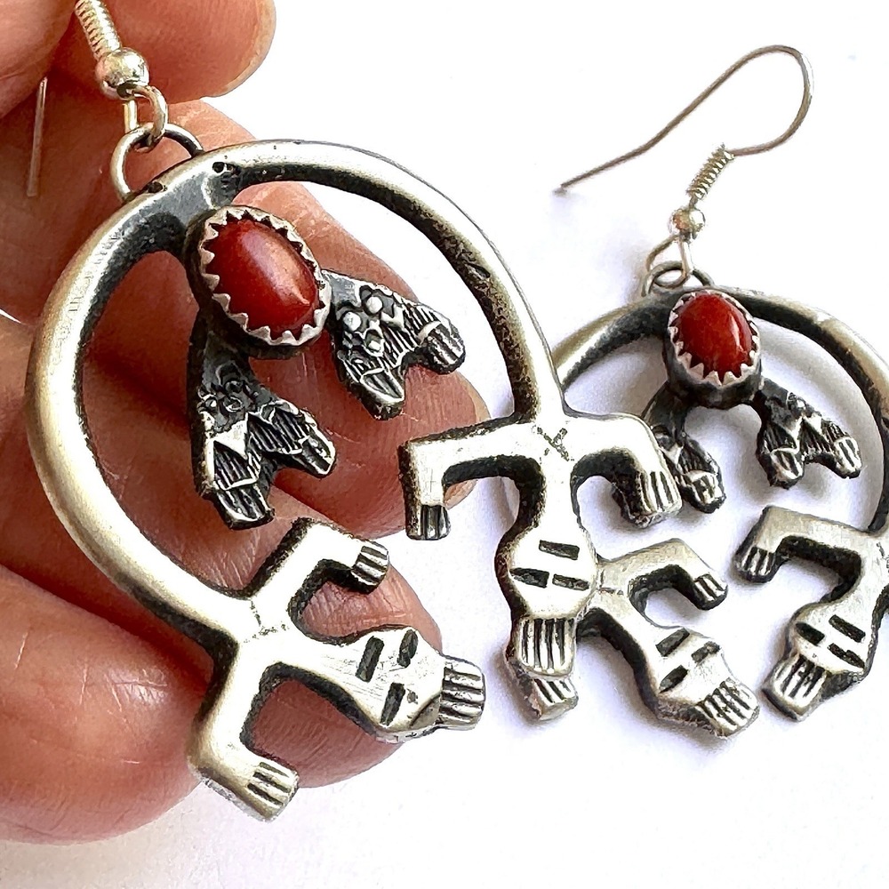 Navajo Naja Rainbow Man‎ Earrings 2in Red Coral Sterling 925 Squash Blossom VC